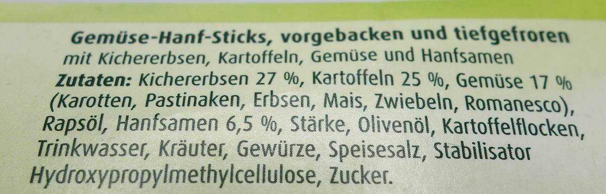 Die Zutatenliste der veganen "Gemüse-Hanf-Sticks".