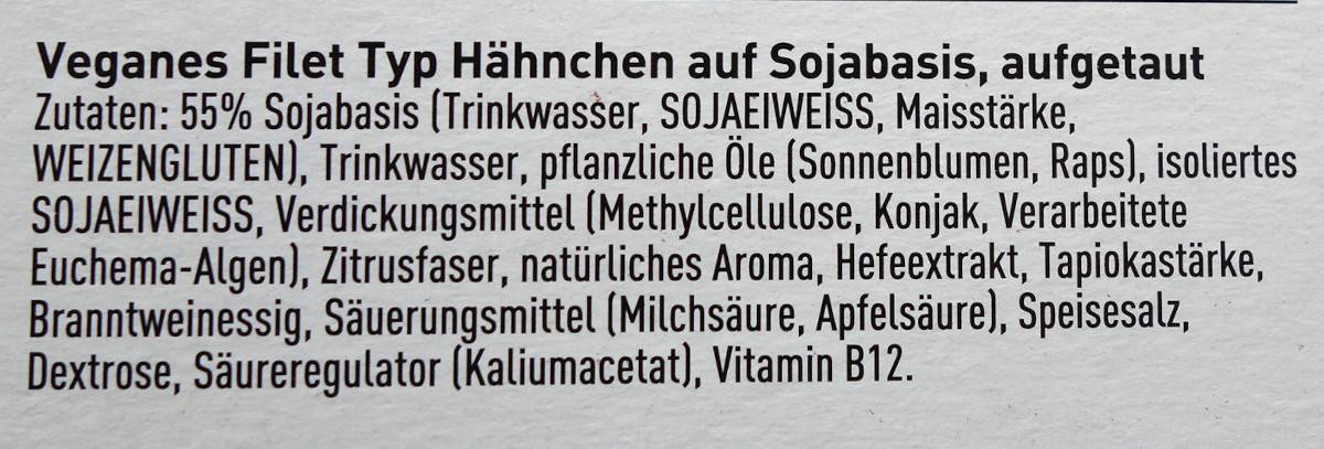 Zutatenliste der "Chick-eria Filets".