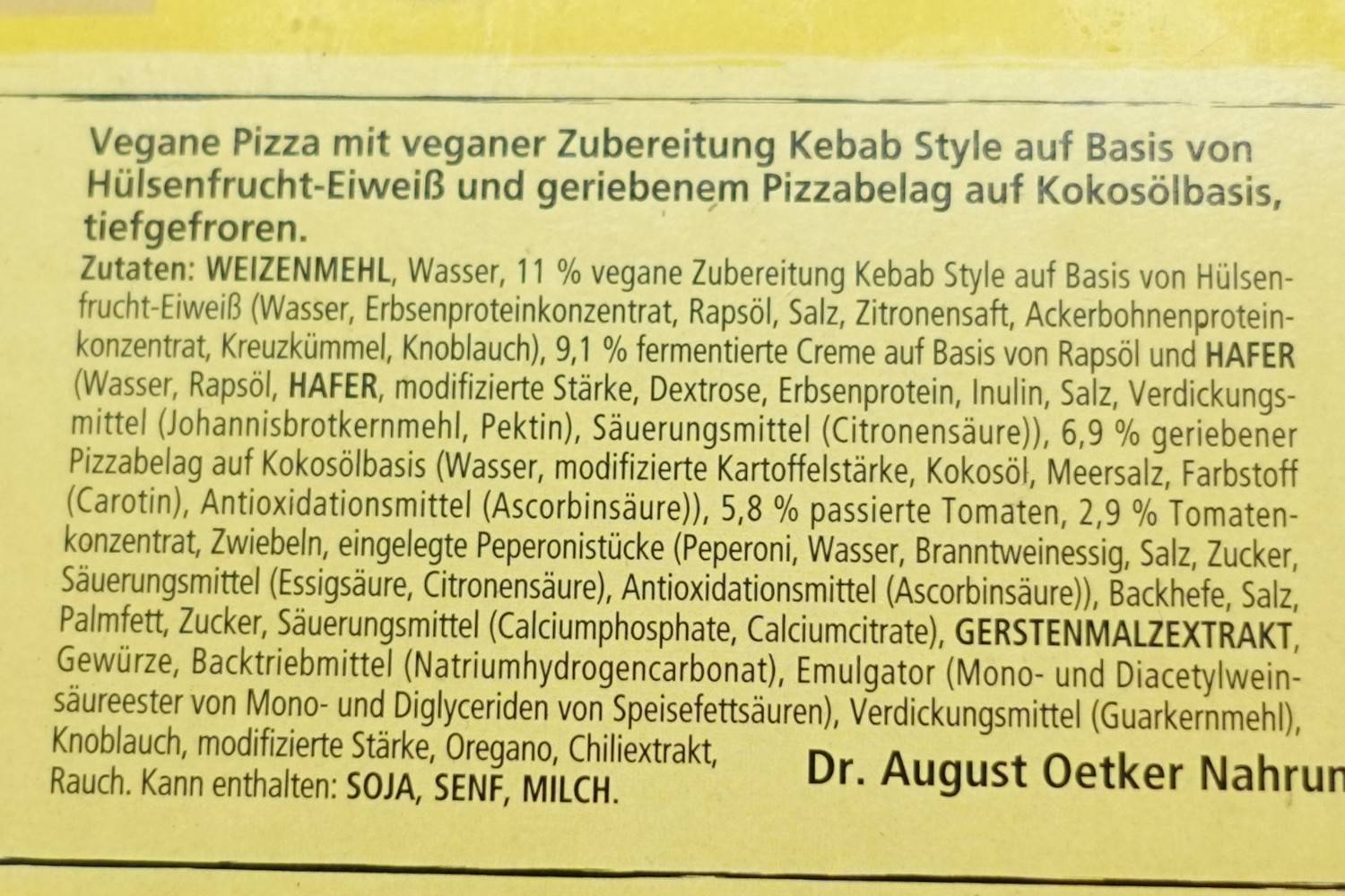 Zutatenliste der Kebab-Pizza.