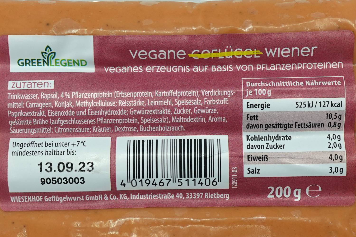 Zutatenliste der "Veganen Geflügel-Wiener".