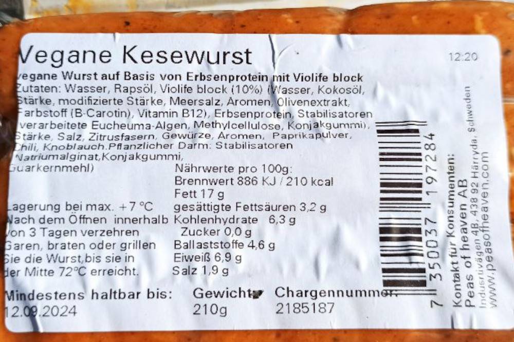 Zutaten und Nährwerte der "Kesewurst".