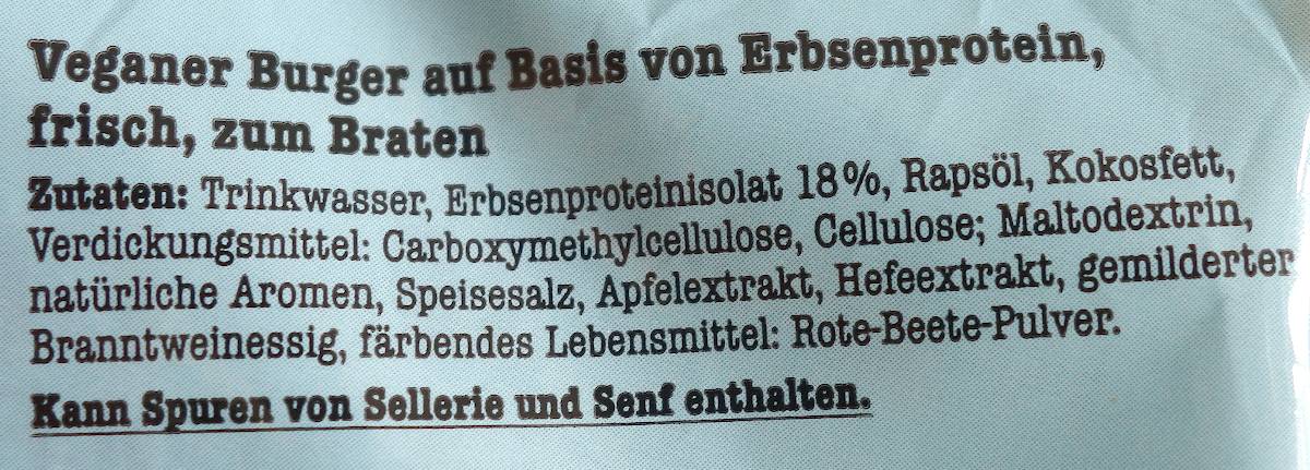 Die Zutatenliste der "Veganen Burger Patties" von Penny